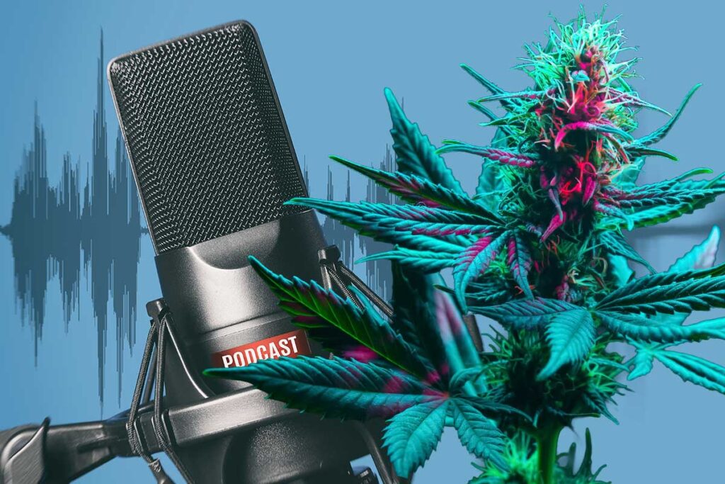 Podcast microphone with audio waveform and cannabis plant, promoting a Cannabis Radio episode on X-ray decontamination techniques by XRpure.